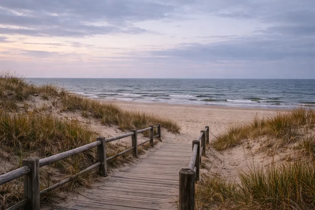 Pusta plaża nad Bałtykiem poza sezonem z wydmami i spokojnym morzem