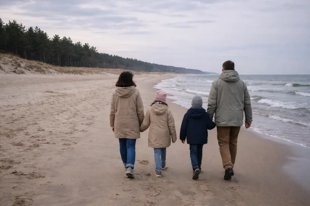 Rodzina spacerująca po plaży nad Bałtykiem poza sezonem w chłodniejszy dzień