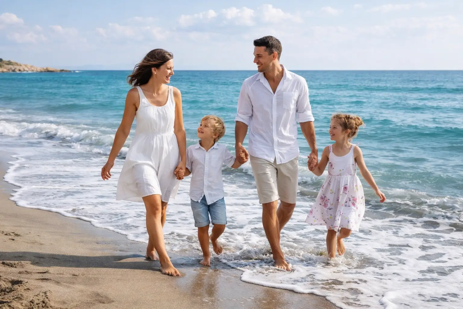 Rodzina z dwójką dzieci spaceruje boso po plaży nad morzem, trzymając się za ręce w słoneczny dzień